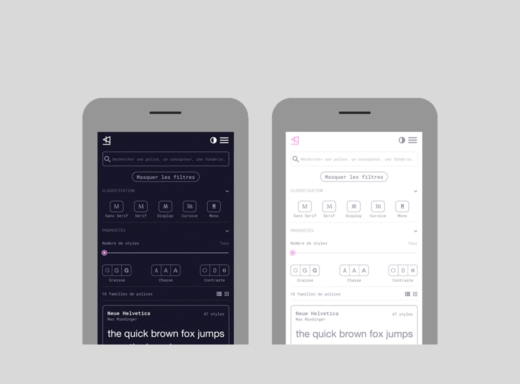 Visuel représentant deux écrans d'une page de l'application en version sombre et l'autre en version claire.