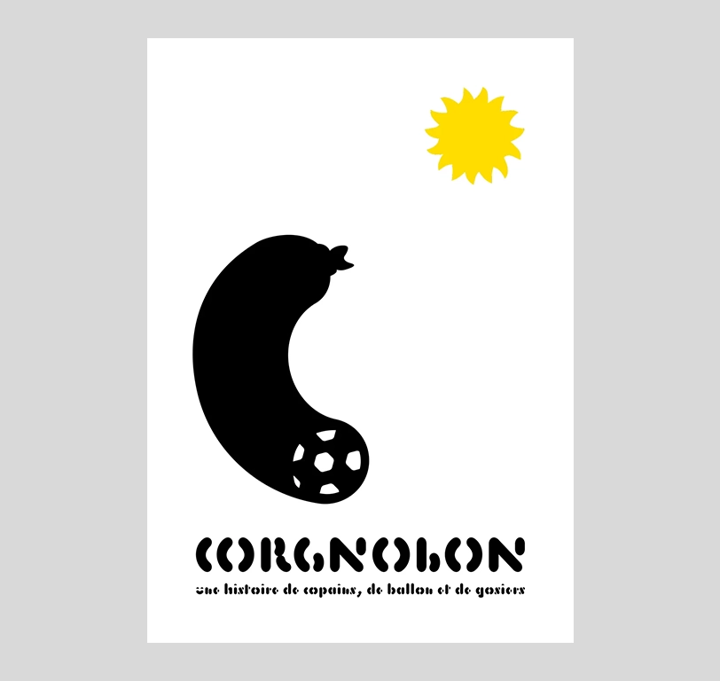 visuel représentant un saucisson courbé de face avec la tranche qui représente un ballon de foot. Un soleil Ricard et le texte « Corgnolon, une histoire de copains, de ballon et de gosiers » sont aussi présents.