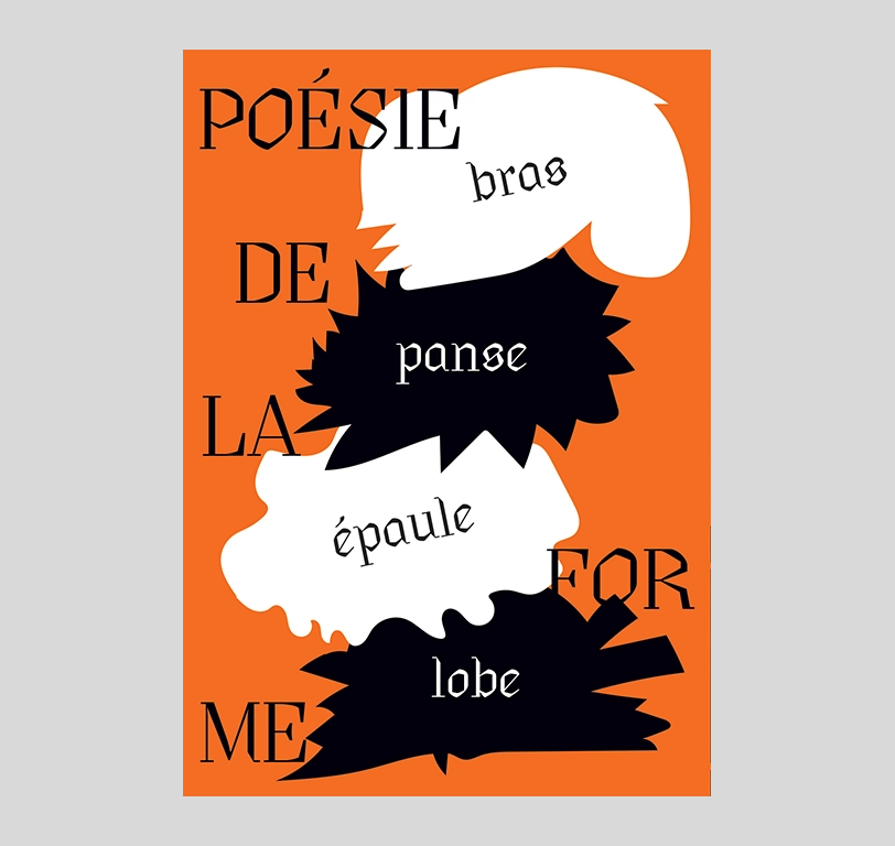 visuel représentant une affiche avec le texte «Poésie de la forme » et les mots, bras, panse, épaule, lobe