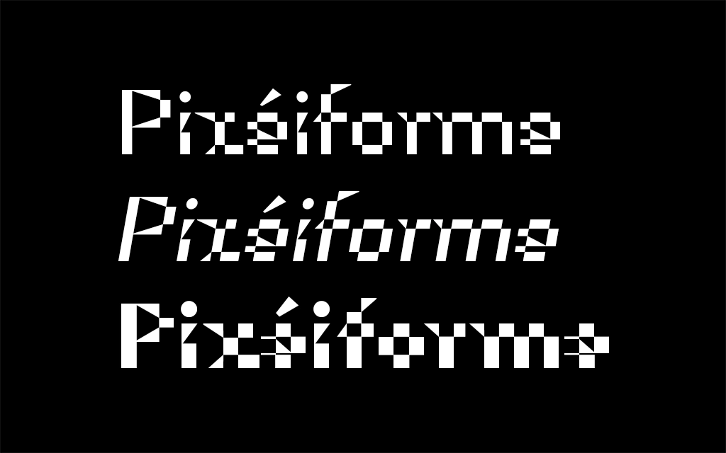 visuel représentant trois fois le mot pixéiforme dans les styles regular, italic et bold