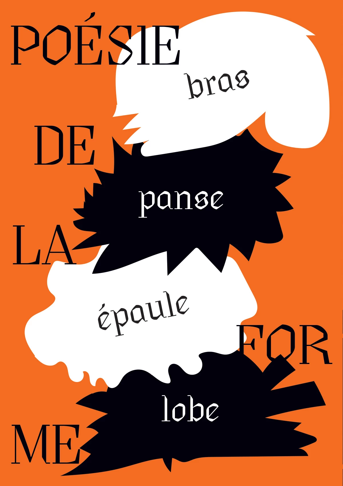 visuel représentant une affiche avec le texte « Poésie de la forme » et les mots, bras, panse, épaule, lobe