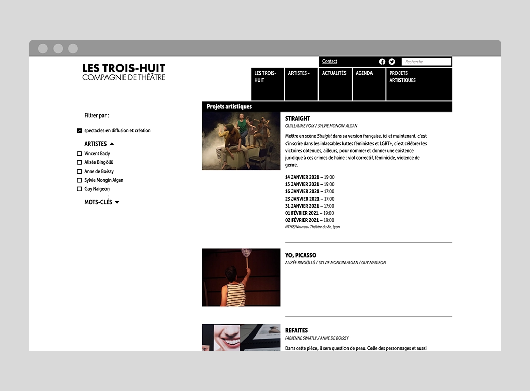 visuel représentant la page de recherche du site de la compagnie les Trois-Huit